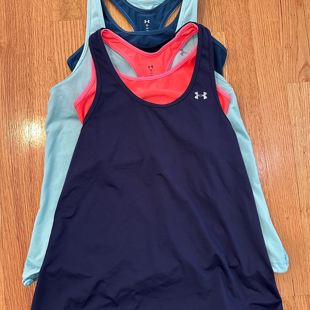Two Under Armour Mesh Workout tanks with built in bra, Size Small